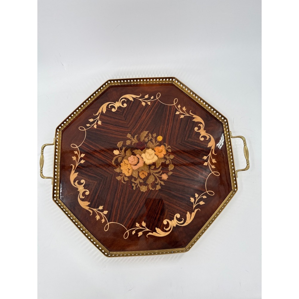 Italian Wood Marquetry Tray Vintage Inlaid Floral Design Glossy Octagon Tone